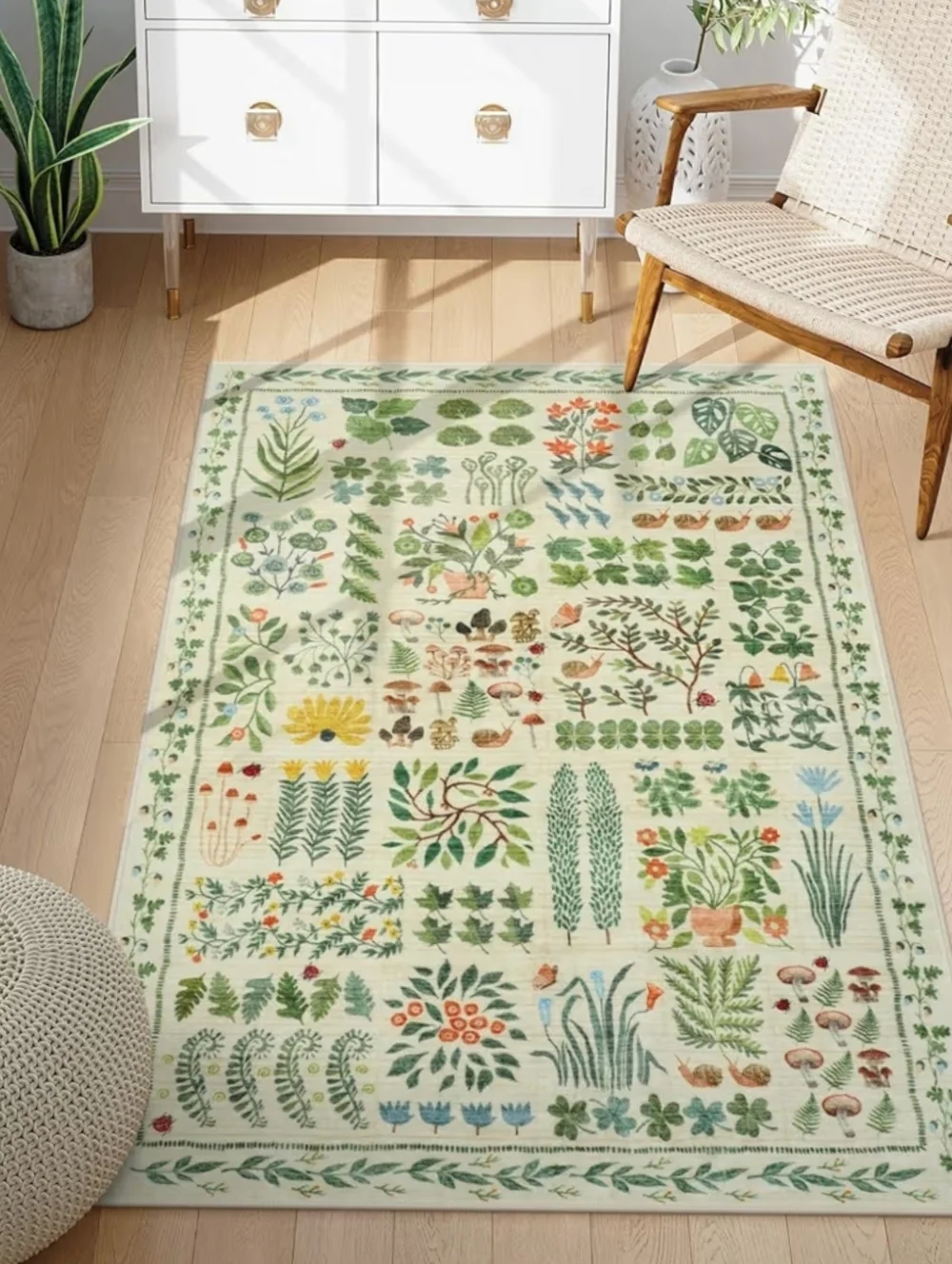 NWT 3'x5' Botanical Greenery Area Rug Non-Slip Machine Washable In Cream/Green